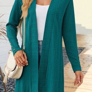 V Neck Long Sleeve Plain Regular Micro-Elasticity Regular Fit Kimono For Women, Kimono, color:Green|size:XXL, Noracora