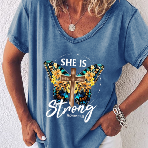Women's Faith Bible She Is Strong  Butterfly Simple V Neck T-Shirt, color:Blue|size:3XL, Lilicloth.com