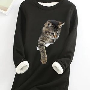 Women's Funny Simple Crew Neck Cat Warmth Fleece Sweatshirt, color:Black|size:3XL, Lilicloth.com