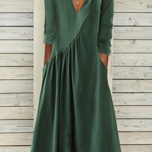 V Neck Plain Casual Ruched Prom Dress, JustFashionNow Formal Dresses, color:Green|size:XXL,