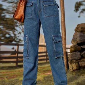 Women's  Casual Straight Denim Distressed Multi-Pocket Jeans Cargo Pants Fashion Clothing, Jeans, color:Blue|size:XXL, JustFashionNow