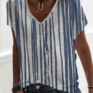 Color Block Casual V Neck  T-Shirt, T-Shirts, color:Blue|size:XXL, JustFashionNow