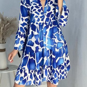 Loose Stand Collar Abstract Mini Dress With No Belt, Mini Dresses, color:Blue|size:XXL, Stylewe