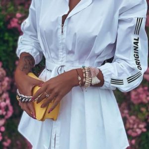 Shirt Collar Long Sleeve Text Letters Regular Loose Blouse For Women, Shirts, color:White|size:XXL, Noracora