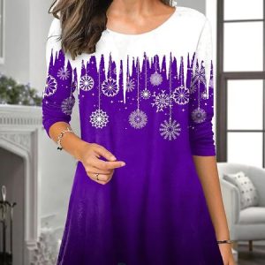 Casual Christmas Crew Neck Long Sleeve T-shirt, T-shirts, color:Purple|size:5XL, Noracora