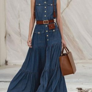 Urban Plain Regular Fit Shirt Collar Denim Dress With No Belt, Maxi Dresses, color:Deep Blue|size:XXL, Stylewe