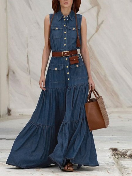 Urban Plain Regular Fit Shirt Collar Denim Dress With No Belt, Maxi Dresses, color:Deep Blue|size:XXL, Stylewe