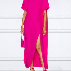 Short sleeve Plain Crew Neck Elegant Dress, Maxi Dresses, color:Deep Pink|size:XXL, Stylewe