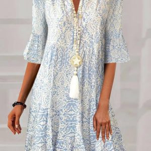 Floral Loose Casual Stand Collar Dress, Dresses, color:Blue|size:XXL, JustFashionNow