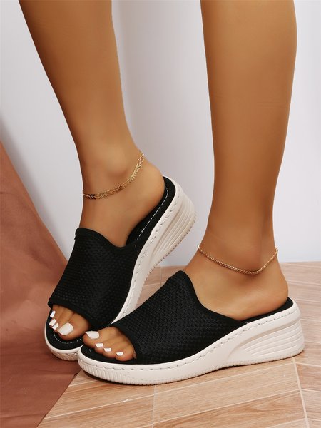 Solid Color Breathable Fly Weave Casual Wedge Slippers, Sandals, color:Black|size:42, JustFashionNow