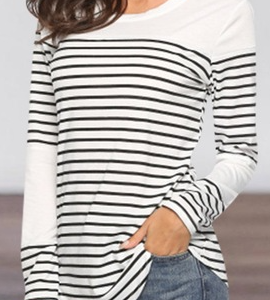 Casual Striped Crew Neck Long Sleeve T-shirt, T-shirts, color:Black-white|size:XXL, Noracora