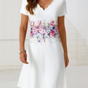 Vacation Floral V Neck Regular Fit Short Sleeve Knit Dress, Dresses, color:White|size:XXL, JustFashionNow