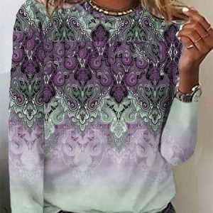 Ethnic Loose Casual Crew Neck T-Shirt, T-shirts, color:Purple|size:XXL, Noracora