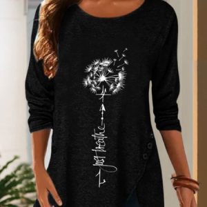 Casual Dandelion Long Sleeve Crew Neck Printed Tunic Top T-Shirt, Shirts & Blouses, color:Black|size:XXL, JustFashionNow