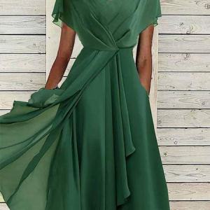 V Neck Elegant Chiffon Plain Dress, JustFashionNow Formal Dresses, color:Green|size:XXL,