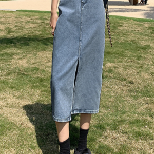 Plain Buckle Pockets Casual Denim Skirt, Denim Skirts, color:Light Blue|size:XL, Noracora