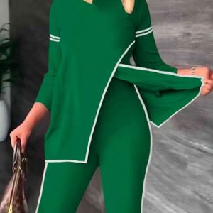 Casual Regular Fit Long Sleeve Color Block Top, Blouses and Shirts, color:Green|size:XXL, Stylewe