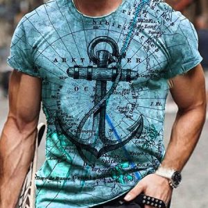Men's Street Casual Anchor Graphic Round Neck Short Sleeve T-Shirt Everyday Clothing, T-Shirts, color:Blue|size:3XL, JustFashionNow