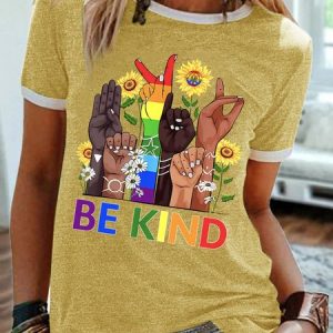 Women's Funny LGBTQ Pride Month Be Kind Graphic Printing Casual Crew Neck Cotton-Blend Text Letters T-Shirt, color:Yellow|size:3XL, Lilicloth.com
