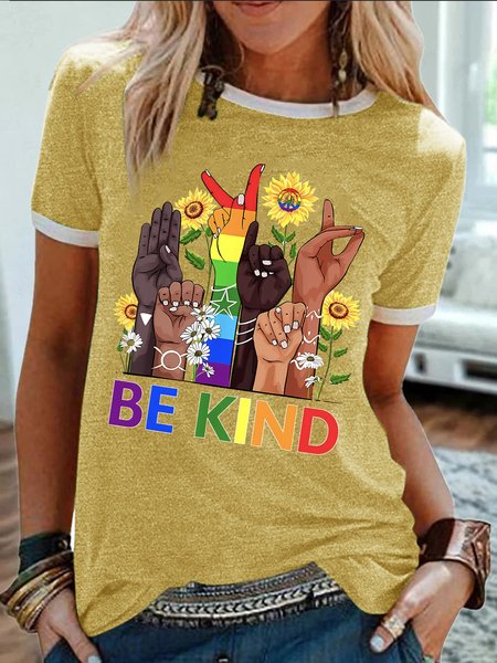 Women's Funny LGBTQ Pride Month Be Kind Graphic Printing Casual Crew Neck Cotton-Blend Text Letters T-Shirt, color:Yellow|size:3XL, Lilicloth.com