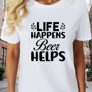 Women’s Life Happens Beer Helps Cotton Crew Neck Casual T-Shirt, color:White|size:3XL, Lilicloth.com