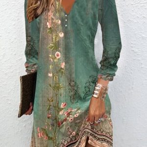 Notched Casual Jersey Floral Dress, Short, color:Green|size:XXL, catalog Noracora shop