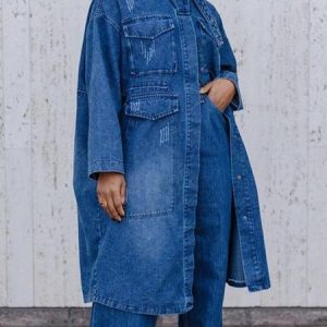 Loose Plain Urban Stand Collar Denim Coat, Jackets, color:Blue|size:XXL, Stylewe