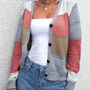 Women Wool/Knitting Contrast Stitching Long Sleeve Comfy Casual Cardigan, Cardigans, color:Pink|size:L, Noracora
