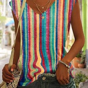 Striped Casual V Neck Loose Tank Top, Tanks & Camis, color:Multicolor|size:XXL, JustFashionNow