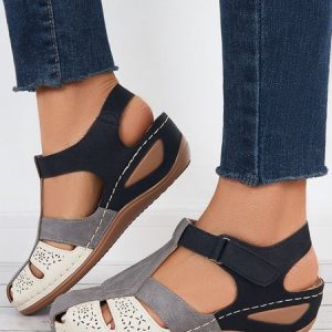 Vintage Hollow out Massage Insole Wedge Fisherman Sandals, Sandals, color:Black|size:42, JustFashionNow
