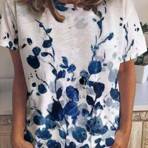 Women's Flower Art Print Casual T-Shirt, color:Blue|size:3XL, Lilicloth.com