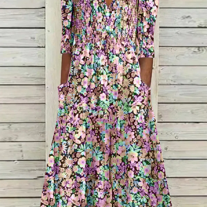 Floral V neck Casual Half sleeve Dress, Dresses, color:Pink|size:XS, JustFashionNow