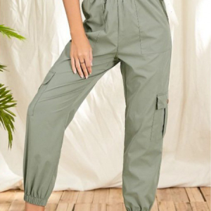 Casual Plain Mid Waist Long Cargo Pants, Pants, color:Army Green|size:3XL, Noracora