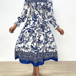 Women Floral Pattern Crew Neck Three Quarter Sleeve Comfy Casual Midi Dress, Midi, color:Blue|size:XL, Noracora