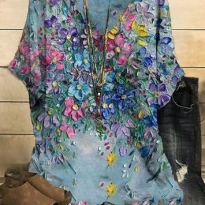 Plus Size Painting Crew Neck Casual Loose Shirt, TOPS, color:Blue|size:4X, Noracora