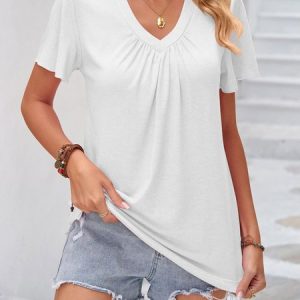 Casual Plain V Neck Short Sleeve T-shirt, T-shirts, color:White|size:XXL, Noracora