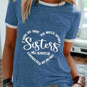 Women's Casual Weekend Painting Miles Apart Sisters Tee Heart Text Short Sleeve Print Round Neck Basic Top T-shirt, T-shirts, color:Blue|size:XXL, Noracora