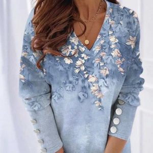 Casual Loose V Neck Floral Top, Shirts & Blouses, color:Blue|size:XXL, JustFashionNow