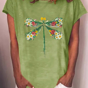 Women's Floral Dragonfly Casual Crew Neck T-Shirt, color:Green|size:3XL, Lilicloth.com