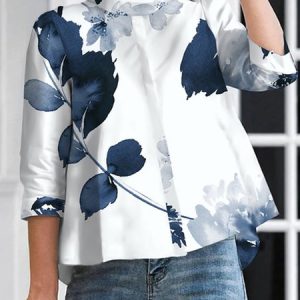 Loose Half Turtleneck Urban Blouse, Plus Tops, color:white-blue|size:4X, Stylewe