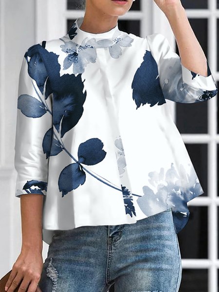 Loose Half Turtleneck Urban Blouse, Plus Tops, color:white-blue|size:4X, Stylewe