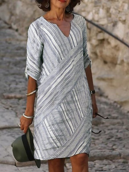 V Neck Geometric Casual Loose Dress, Dresses, color:Gray|size:XXL, JustFashionNow