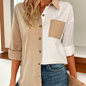 Cotton Shirt Collar Casual Two Tone Drop Shoulder Pocket Patched Shirt, Shirts & Blouses, color:Khaki|size:XXL, JustFashionNow