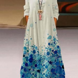 A-Line Floral V Neck Long Sleeve Dress, Maxi, color:White|size:3XL, Noracora