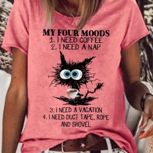 Women's Funny Four Moods Black Cat Crew Neck Casual T-shirt, color:Red|size:3XL, Lilicloth.com