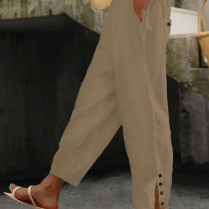 Loose Buttoned Cotton And Linen Linen Pants, Pants, color:Khaki|size:XXL, JustFashionNow