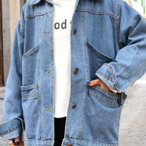 Buckle Pockets Plain Long Sleeve Casual Denim Jacket, Jackets, color:Blue|size:XXL, Noracora