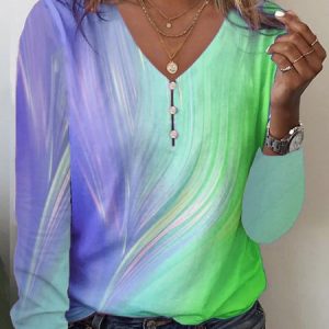 Dopamine Casual V Neck Buckle Detail Long Sleeve T-Shirt, T-shirts, color:Blue|size:XXL, Noracora