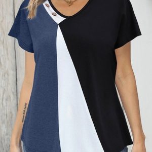 V Neck Color Block Casual Regular Fit T-Shirt, T-Shirts, color:Deep Blue|size:XXL, JustFashionNow