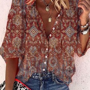 Women's Summer Boho Ethnic Vacation Shirt, Shirts & Blouses, color:Brick Red|size:XXL, JustFashionNow